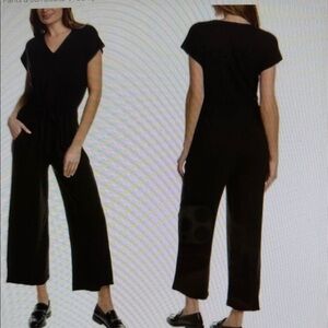 Eileen Fisher Black Crop Wide Leg Drawstring Waist Roomy Stretch Jumpsuit Size L